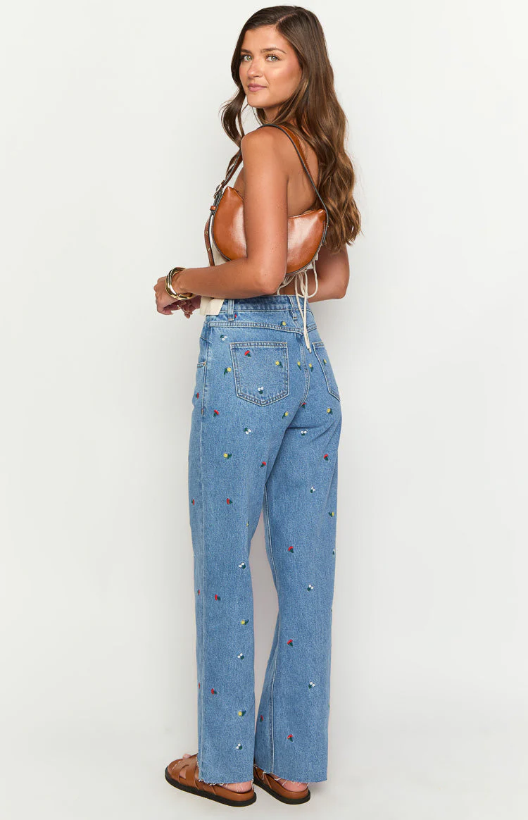 Kansis Blue Embroidered Uneven Waist Jeans