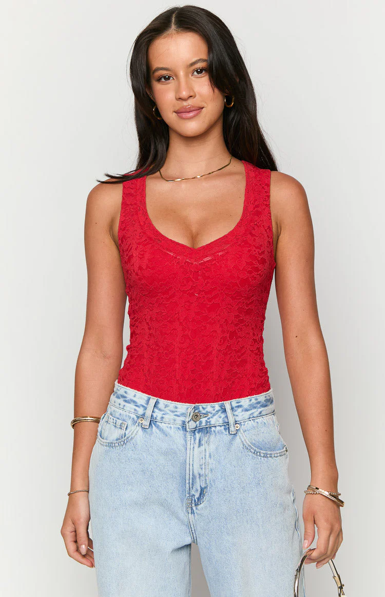 Miami Red Lace V-Neck Bodysuit