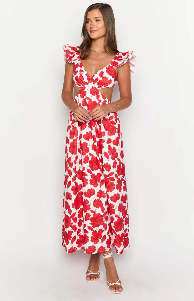 Kaden Red Anemone Floral Print Maxi Dress