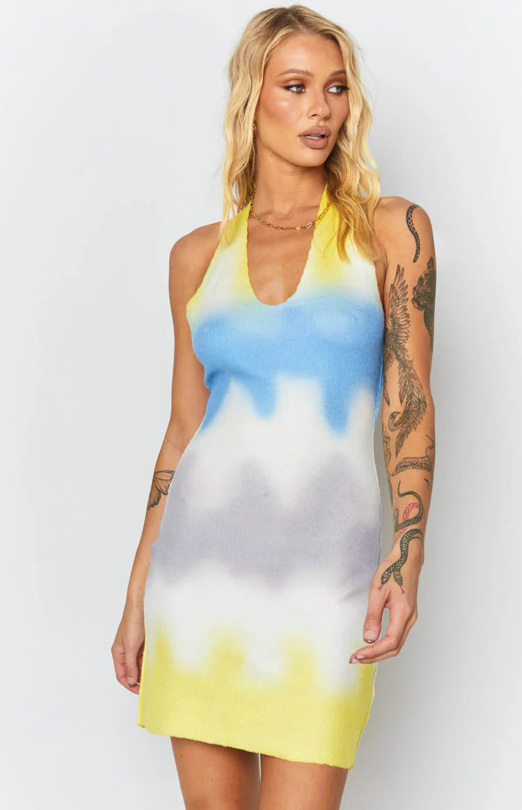 Graffiti Halter Mini Dress Yellow