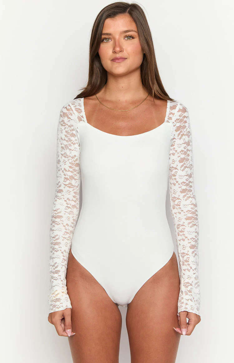 Irene White Lace Long Sleeve Bodysuit