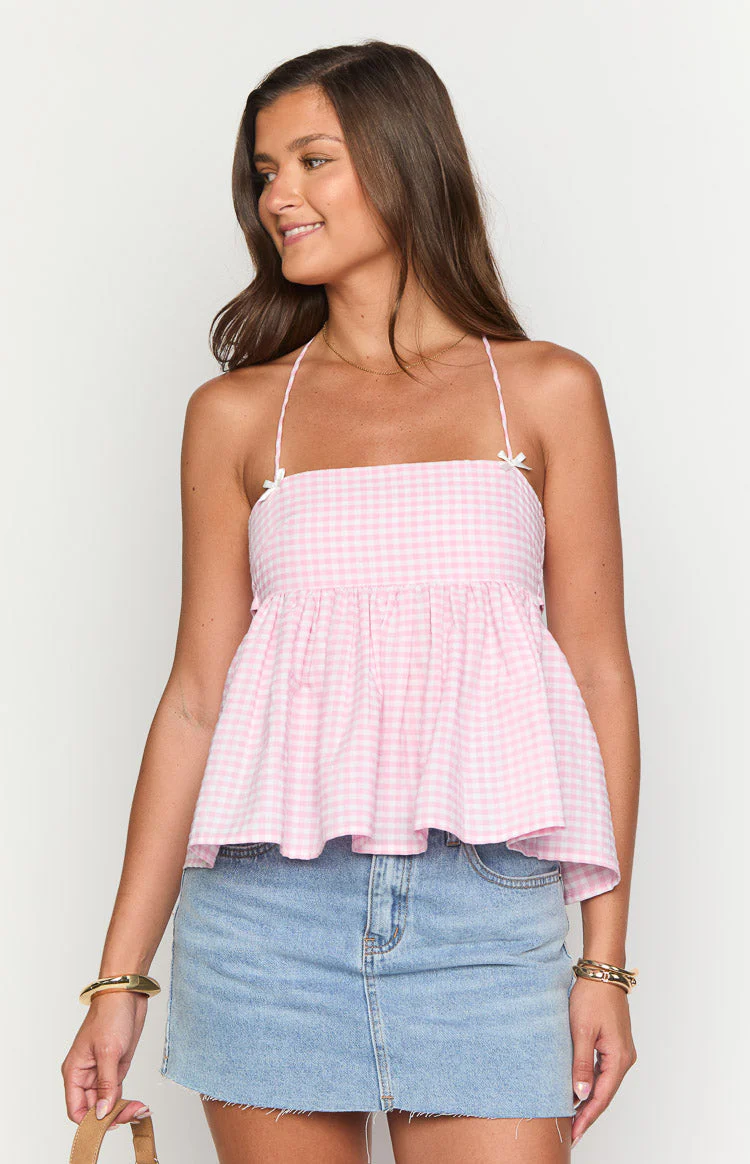 Aspen Pink Gingham Halter Top