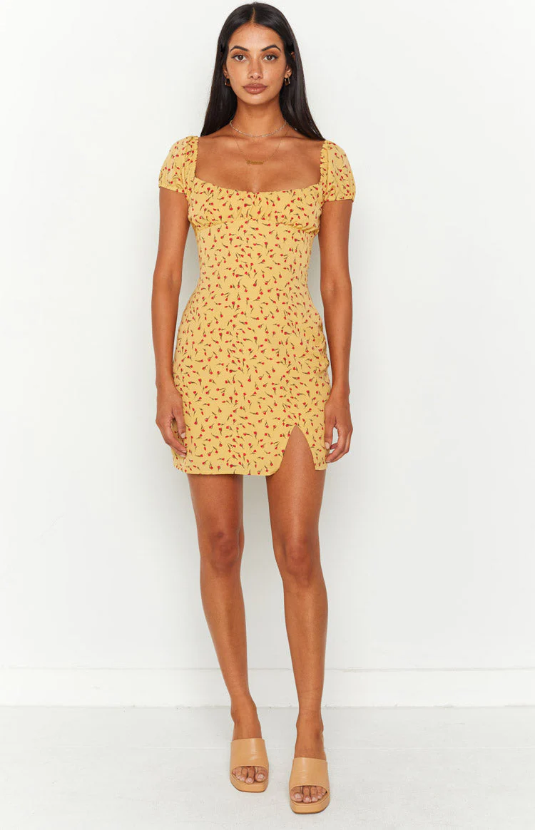 Love & Lust Yellow Floral Cap Sleeve Mini Dress