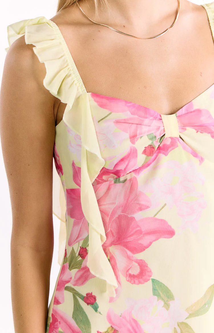 Joyce Yellow Lily Print Mini Dress