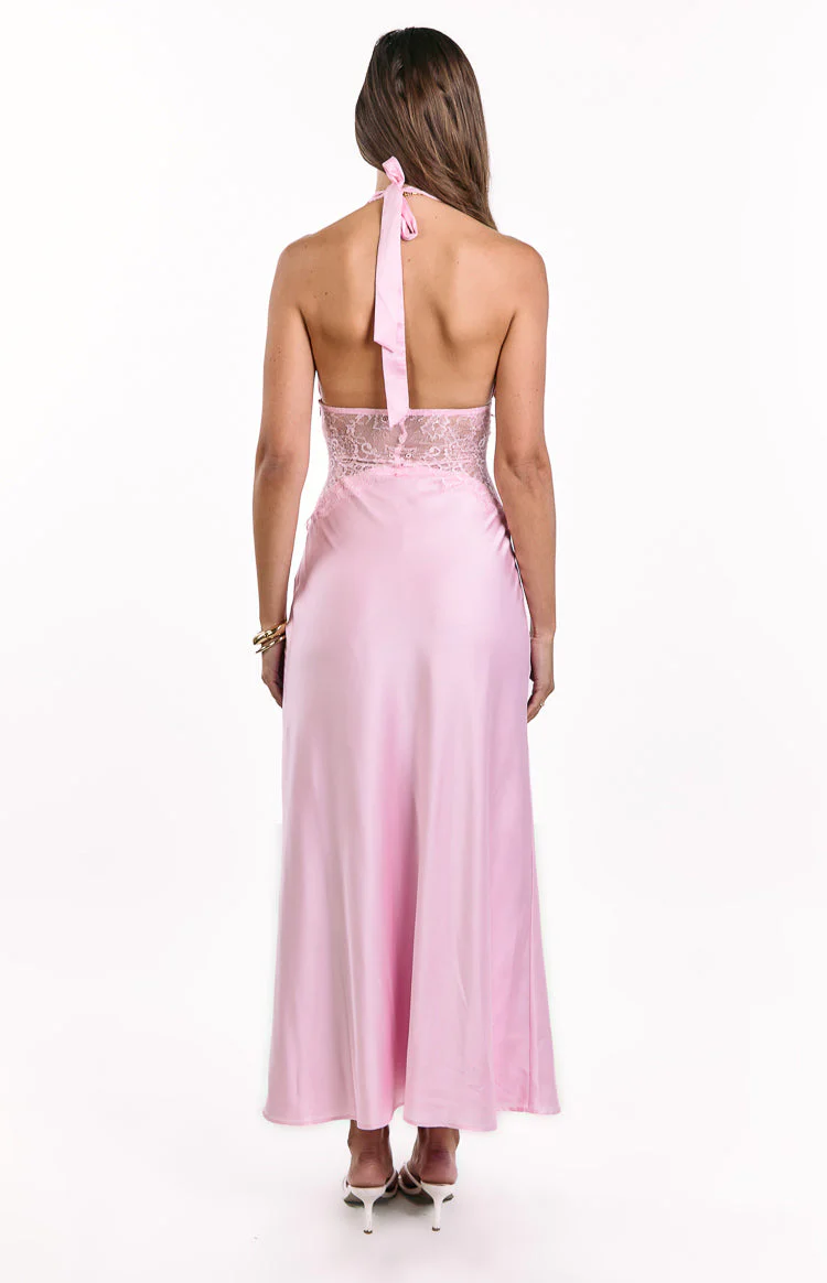 Divandi Pink Lace Halter Neck Formal Maxi Dress