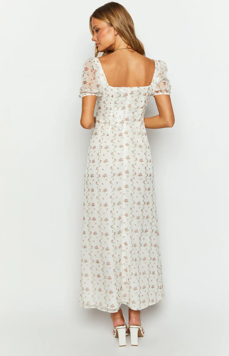Clydie White Floral Cap Sleeve Midi Dress