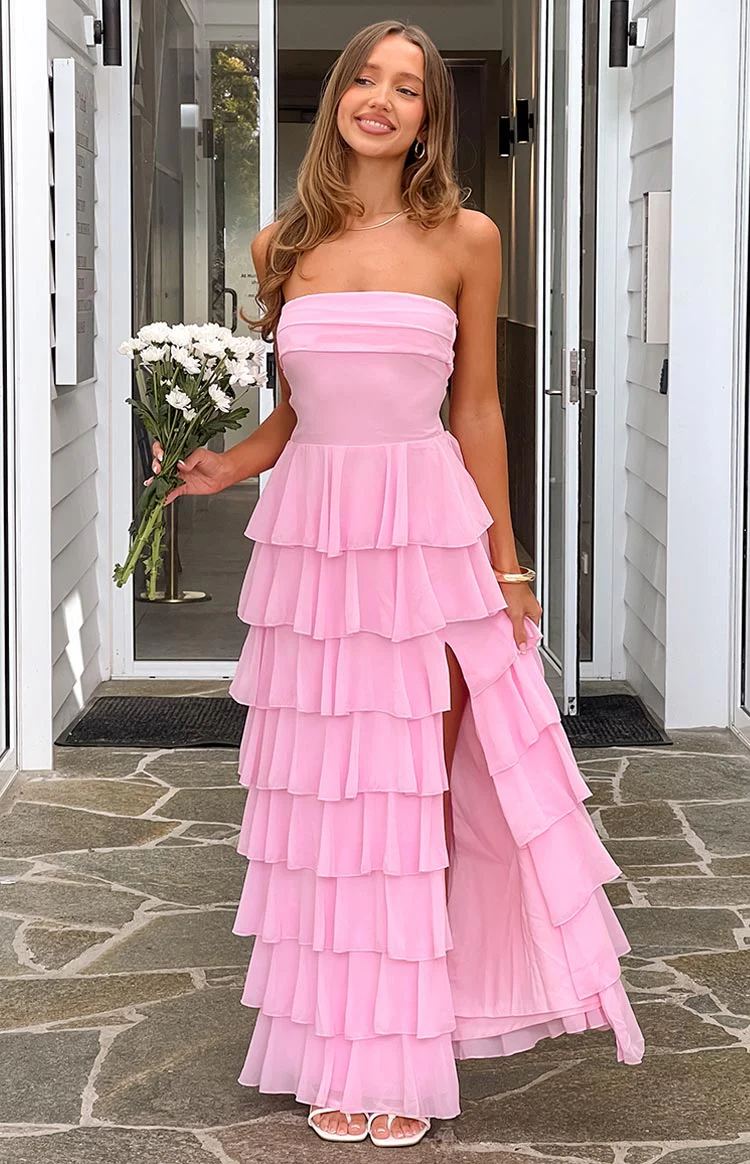 Kim Pink Strapless Ruffle Maxi Dress