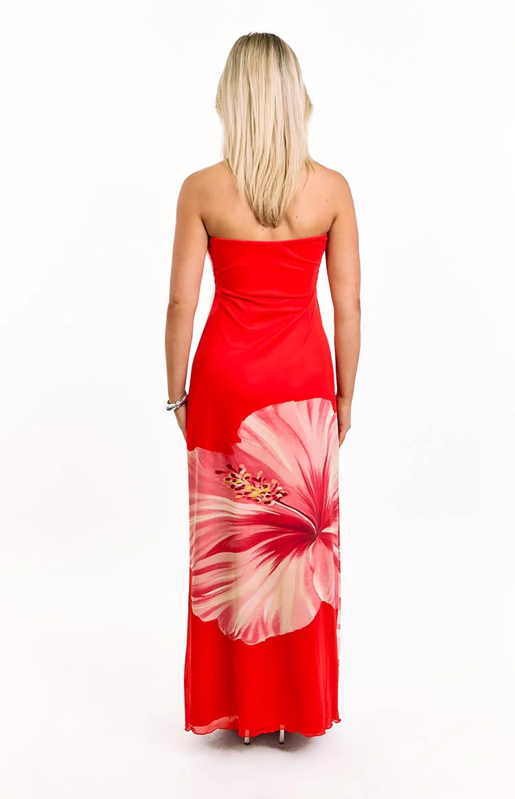 Braelyn Orange Hibiscus Print Strapless Maxi Dress