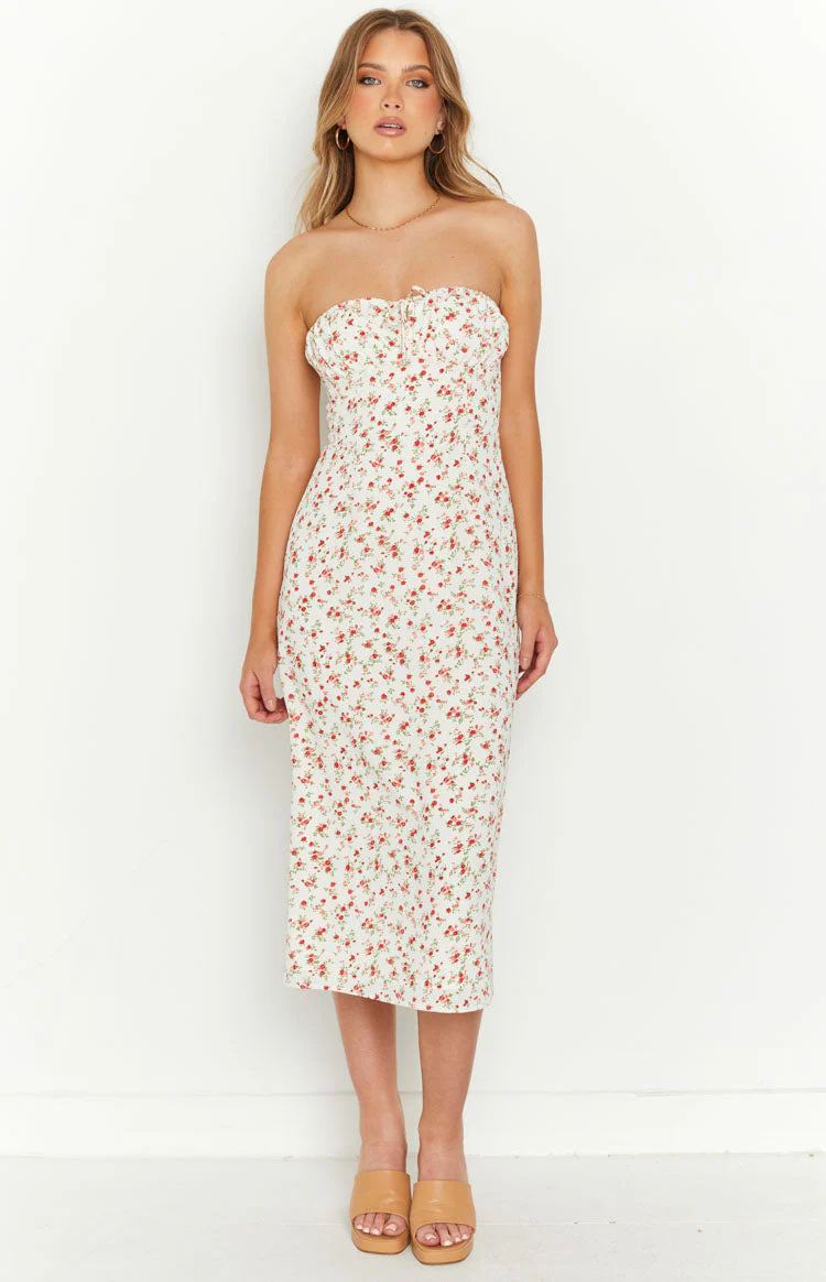 Dion White Floral Strapless Midi Dress