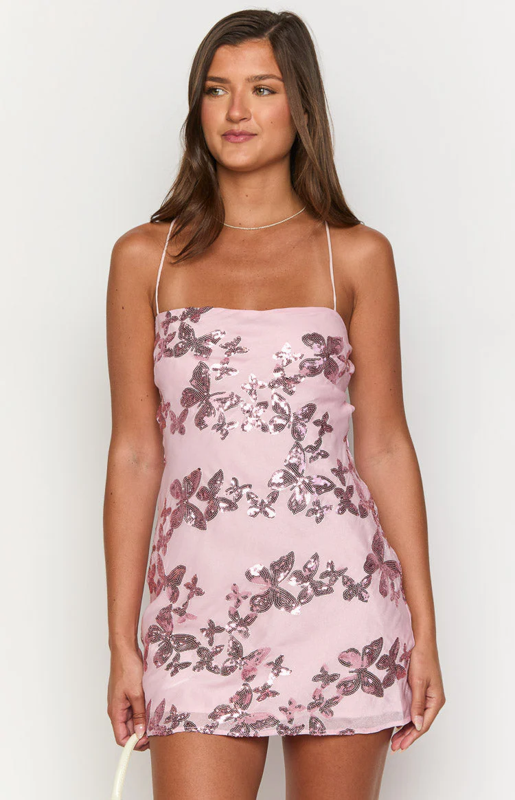 Alora Pink Butterfly Sequin Mini Dress