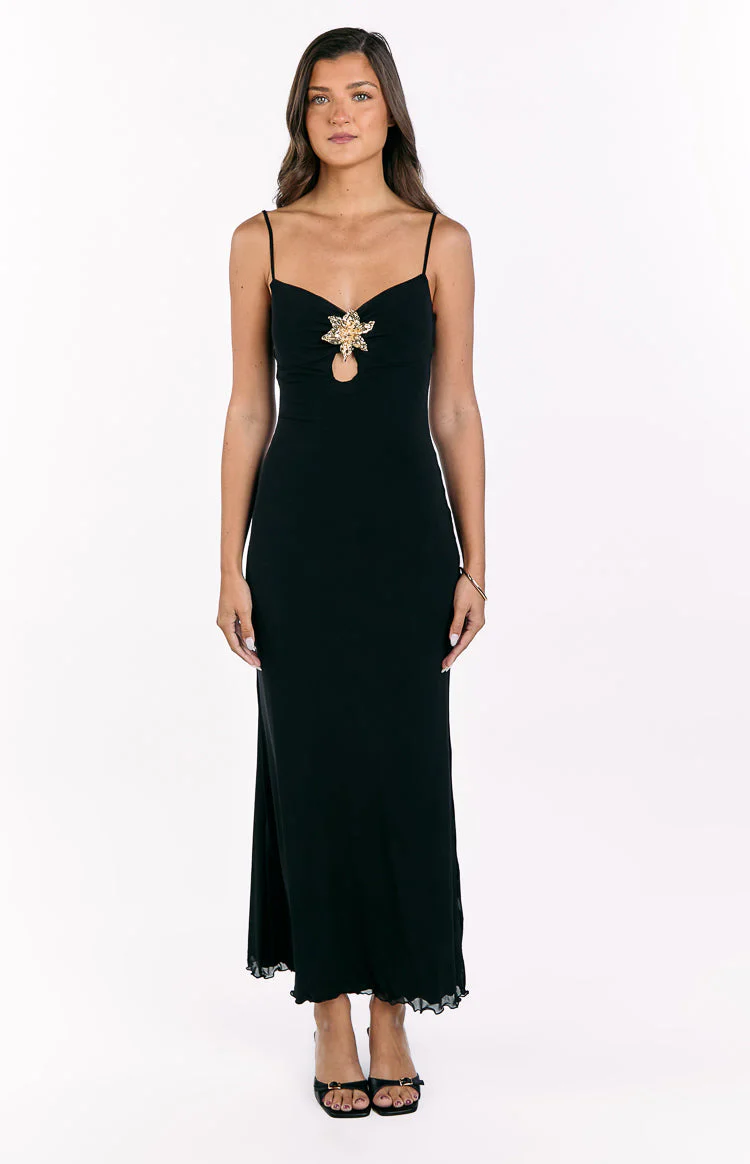 Selina Black Hibiscus Trim Maxi Dress
