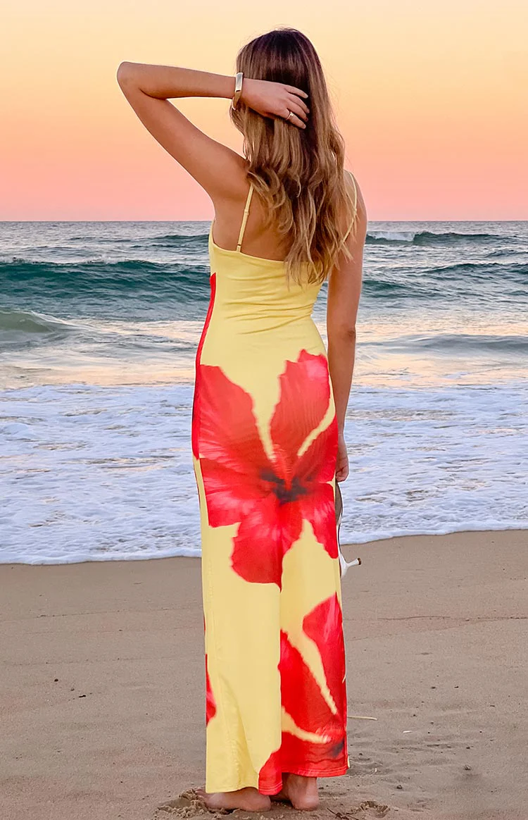Rosalyn Red Hibiscus Print Maxi Dress