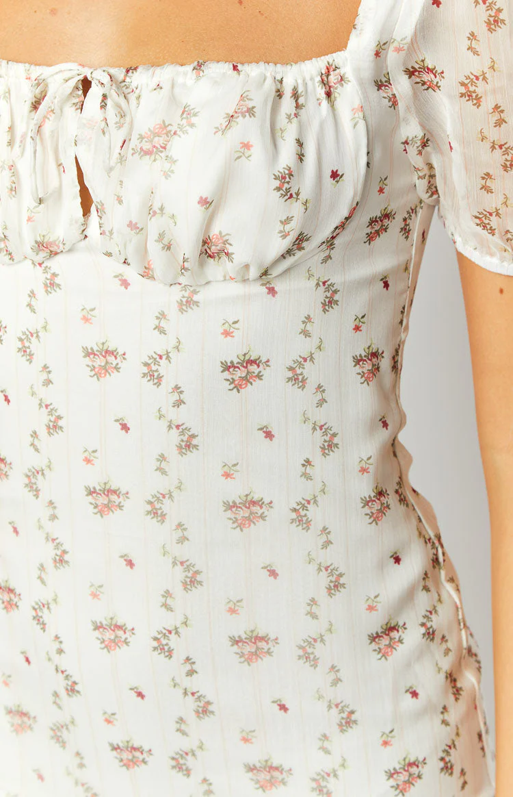 Clydie White Floral Cap Sleeve Midi Dress