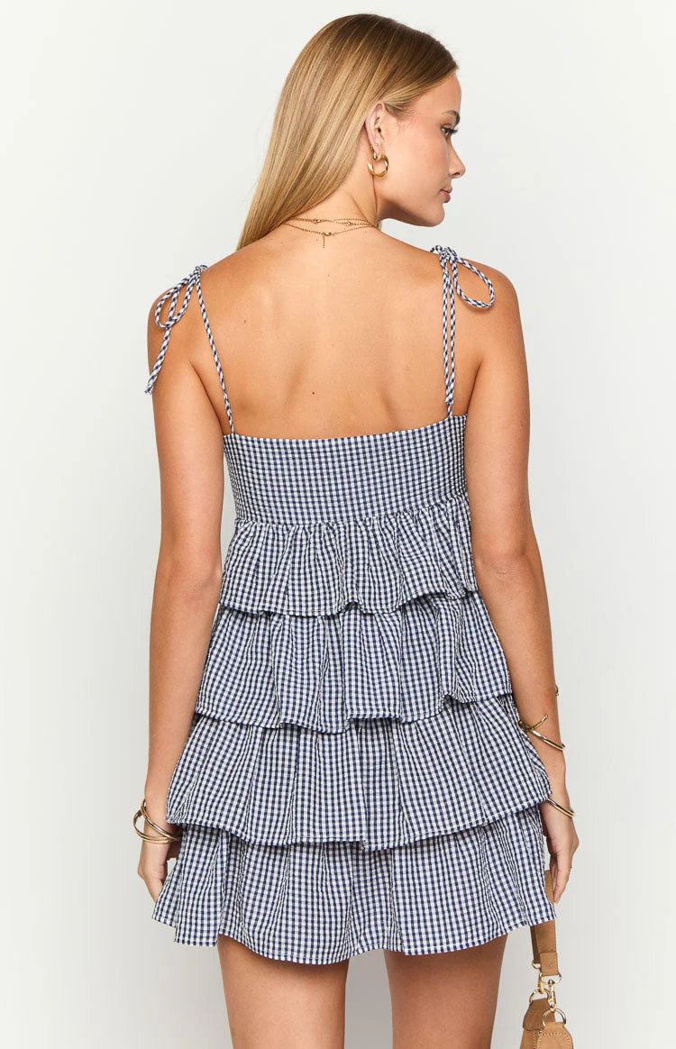 Paolo Navy Gingham Ruffle Mini Dress