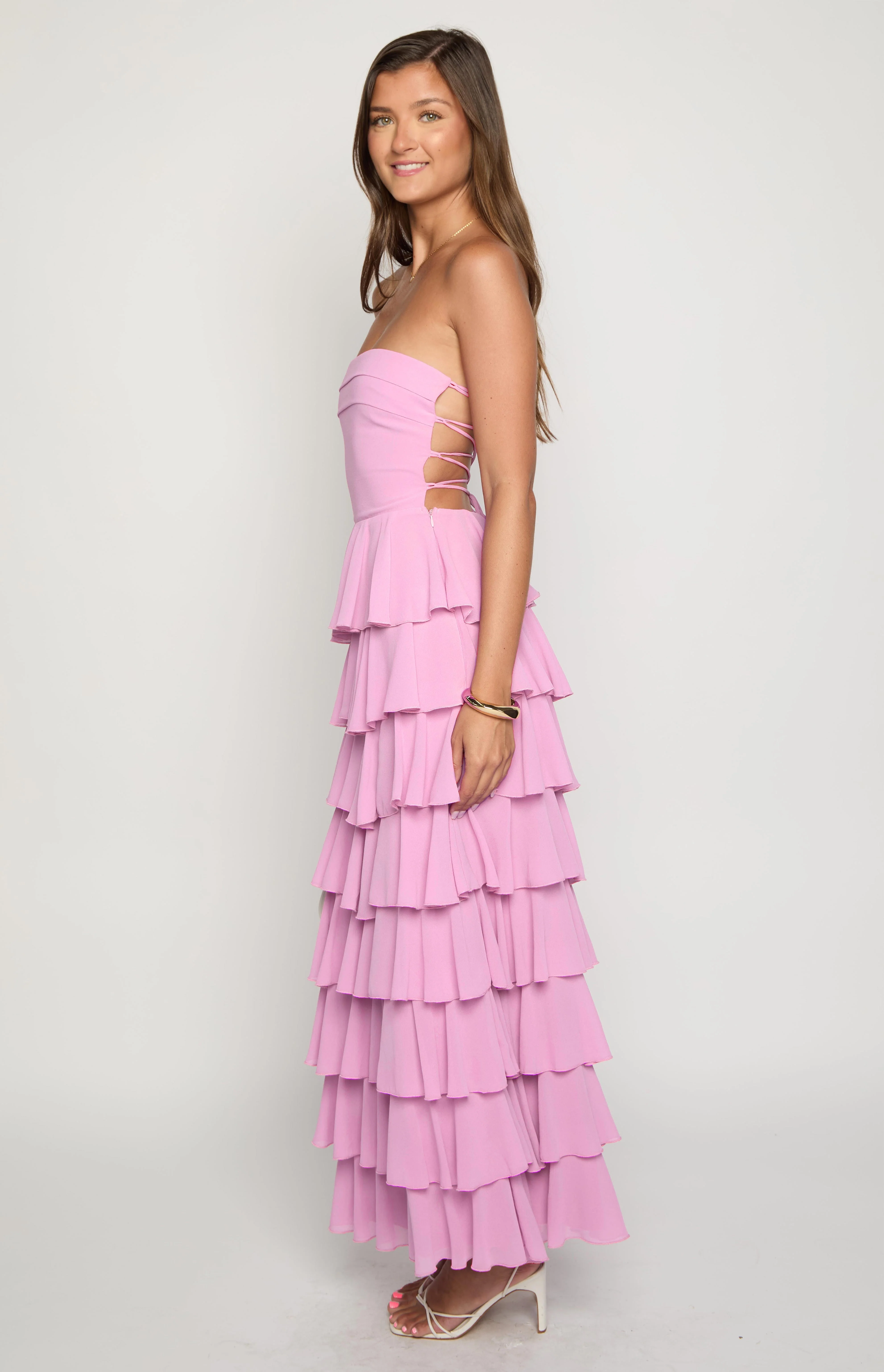 Kim Pink Strapless Ruffle Maxi Dress