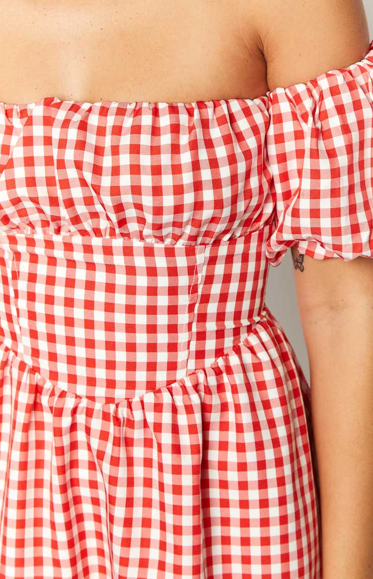 Love Lost Off The Shoulder Red Gingham Mini Dress