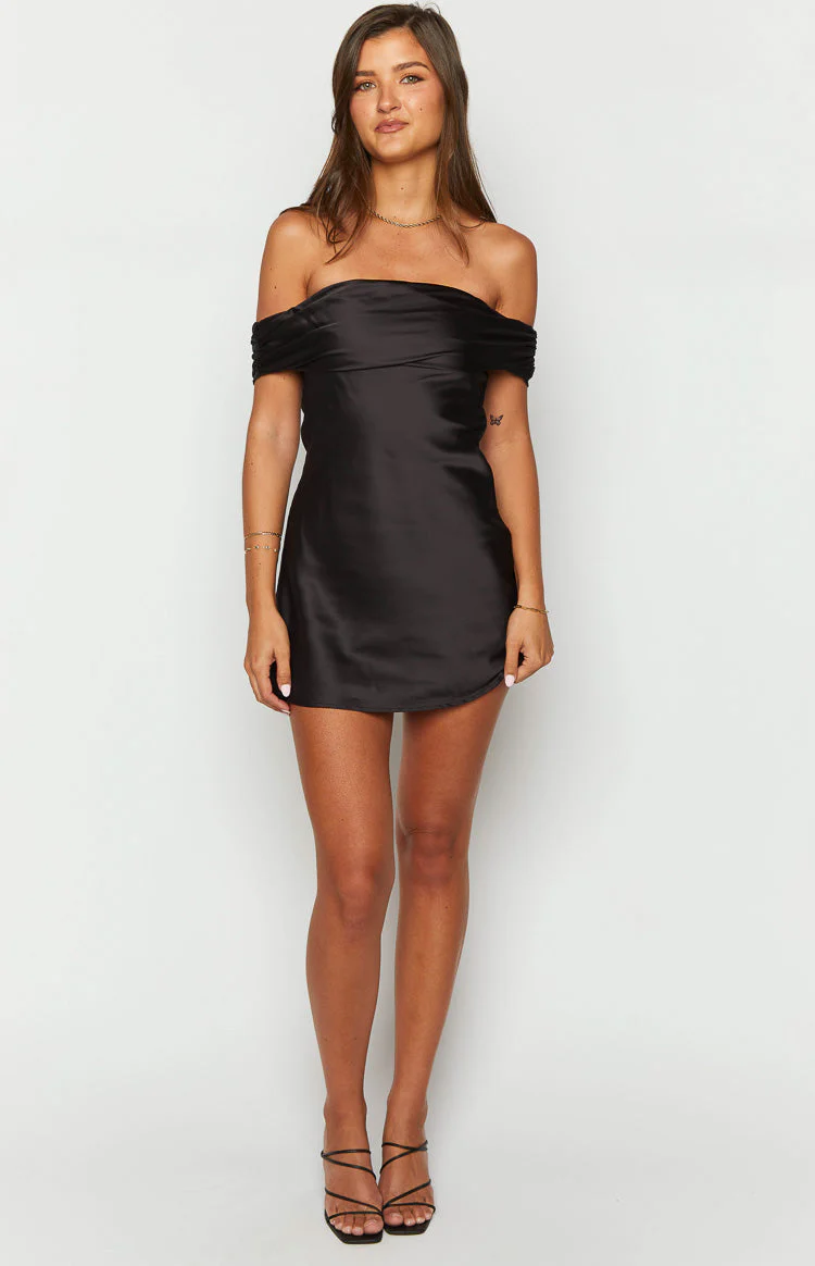 Primrose Black Satin Off the Shoulder Mini Dress