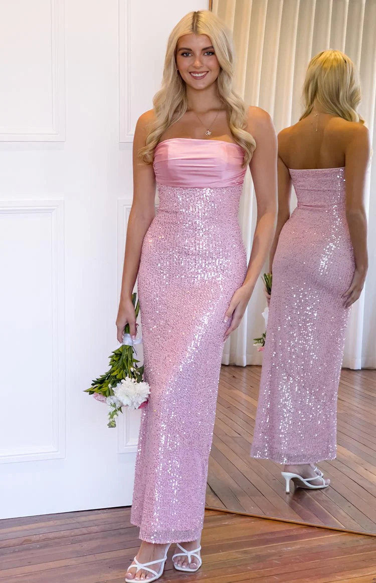 Alliana Pink Sequin Strapless Formal Maxi Dress