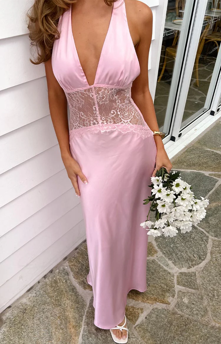 Divandi Pink Lace Halter Neck Formal Maxi Dress