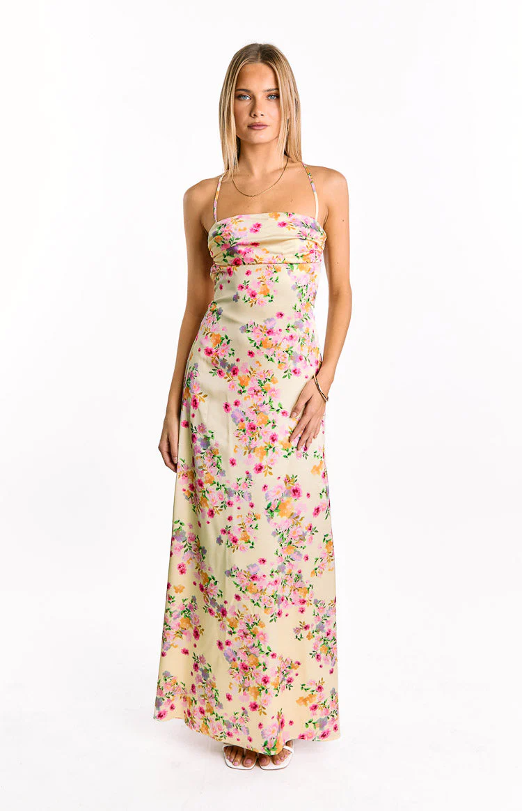 Blaise Yellow Bloom Satin Maxi Dress