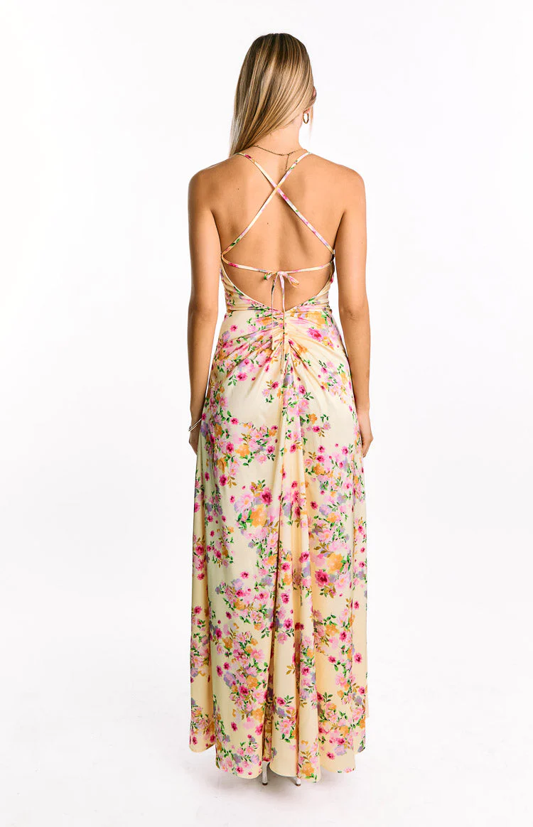 Blaise Yellow Bloom Satin Maxi Dress