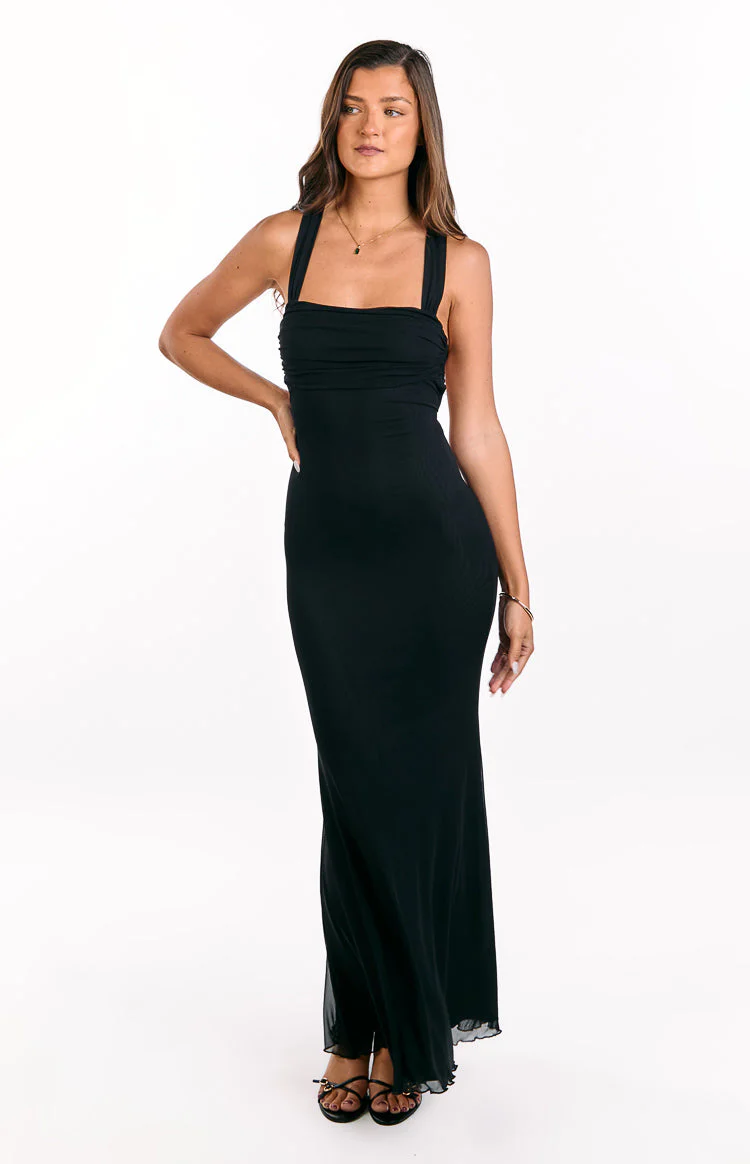 Amberley Black Mesh Formal Maxi Dress