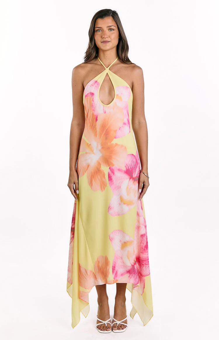 Elowen Yellow Hibiscus Floral Halter Maxi Dress