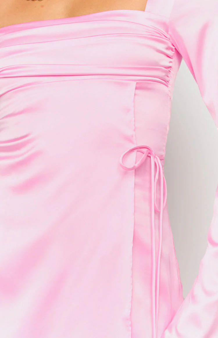 Lucy Pink Satin Long Sleeve Mini Dress