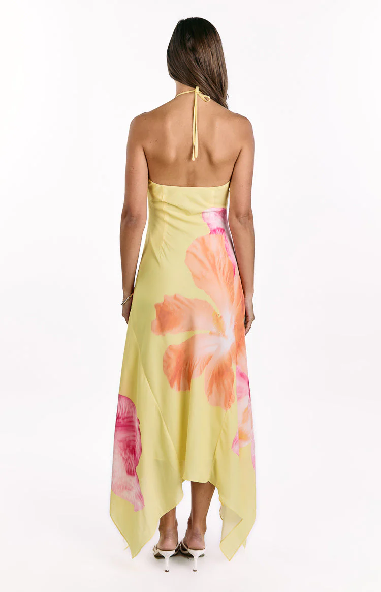 Elowen Yellow Hibiscus Floral Halter Maxi Dress