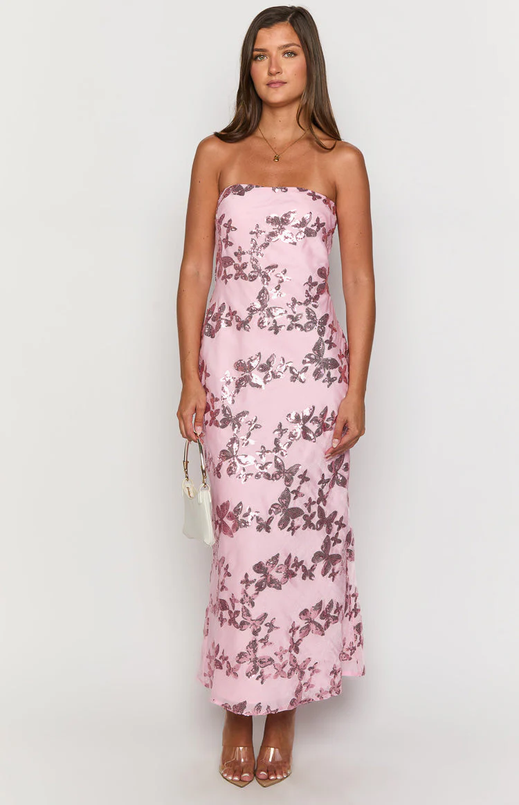 Tari Pink Butterfly Sequin Maxi Dress