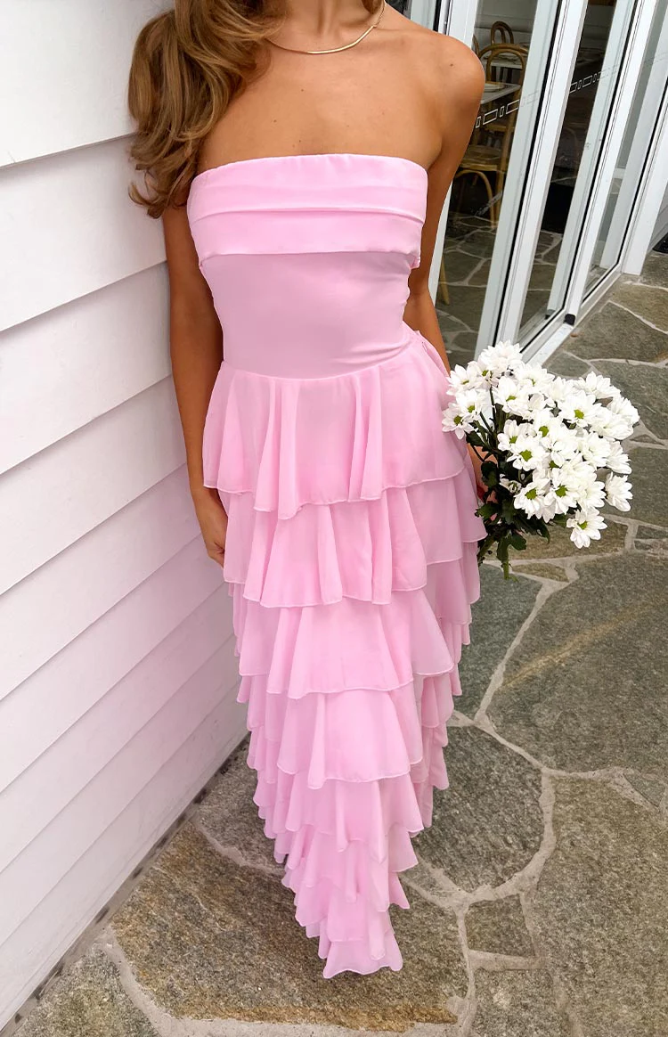 Kim Pink Strapless Ruffle Maxi Dress