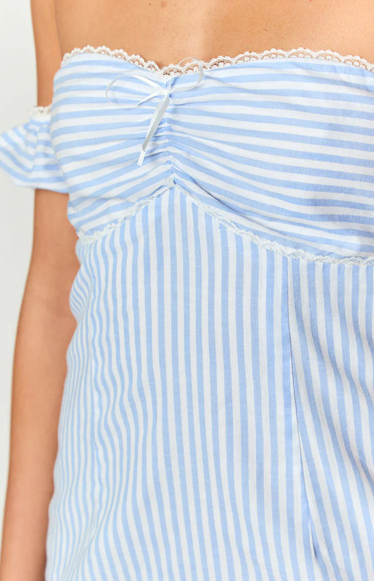 Charlie Blue Striped Off Shoulder Mini Dress