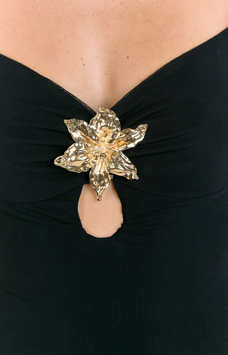 Selina Black Hibiscus Trim Maxi Dress