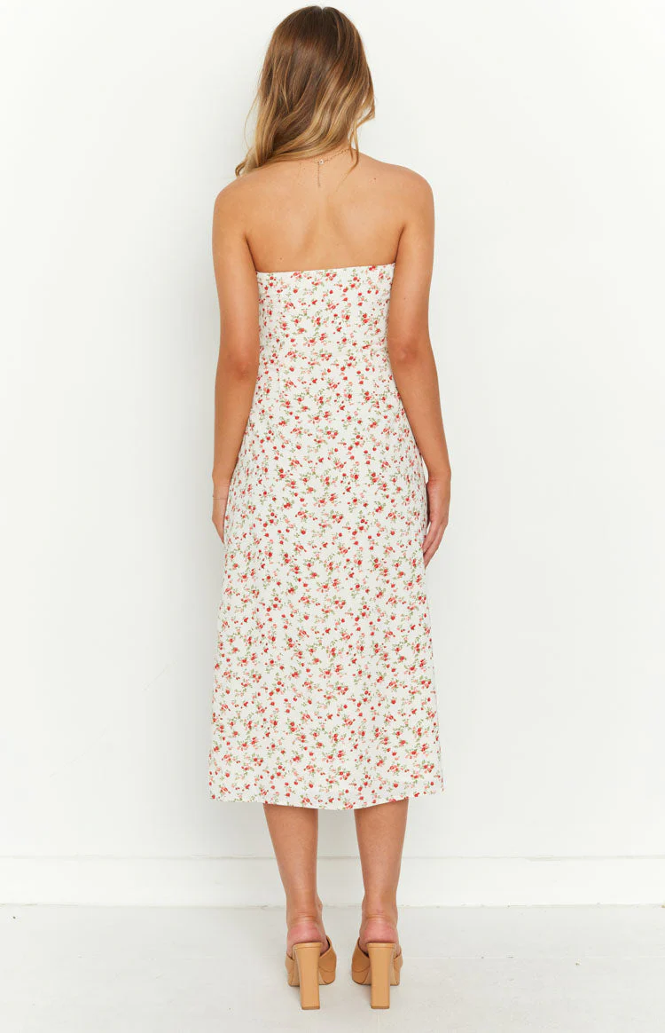 Dion White Floral Strapless Midi Dress