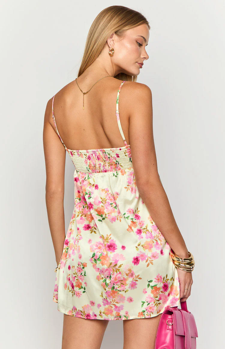 Elsa Yellow Bloom Satin Mini Dress