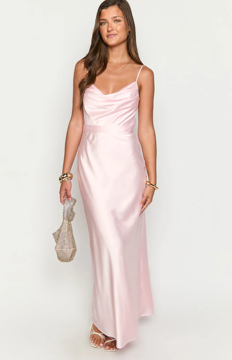 Elma Pink Satin Wrap Tie Maxi Dress