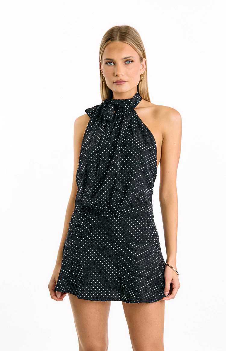 Bryan Black Polka Dot Halter Neck Mini Dress