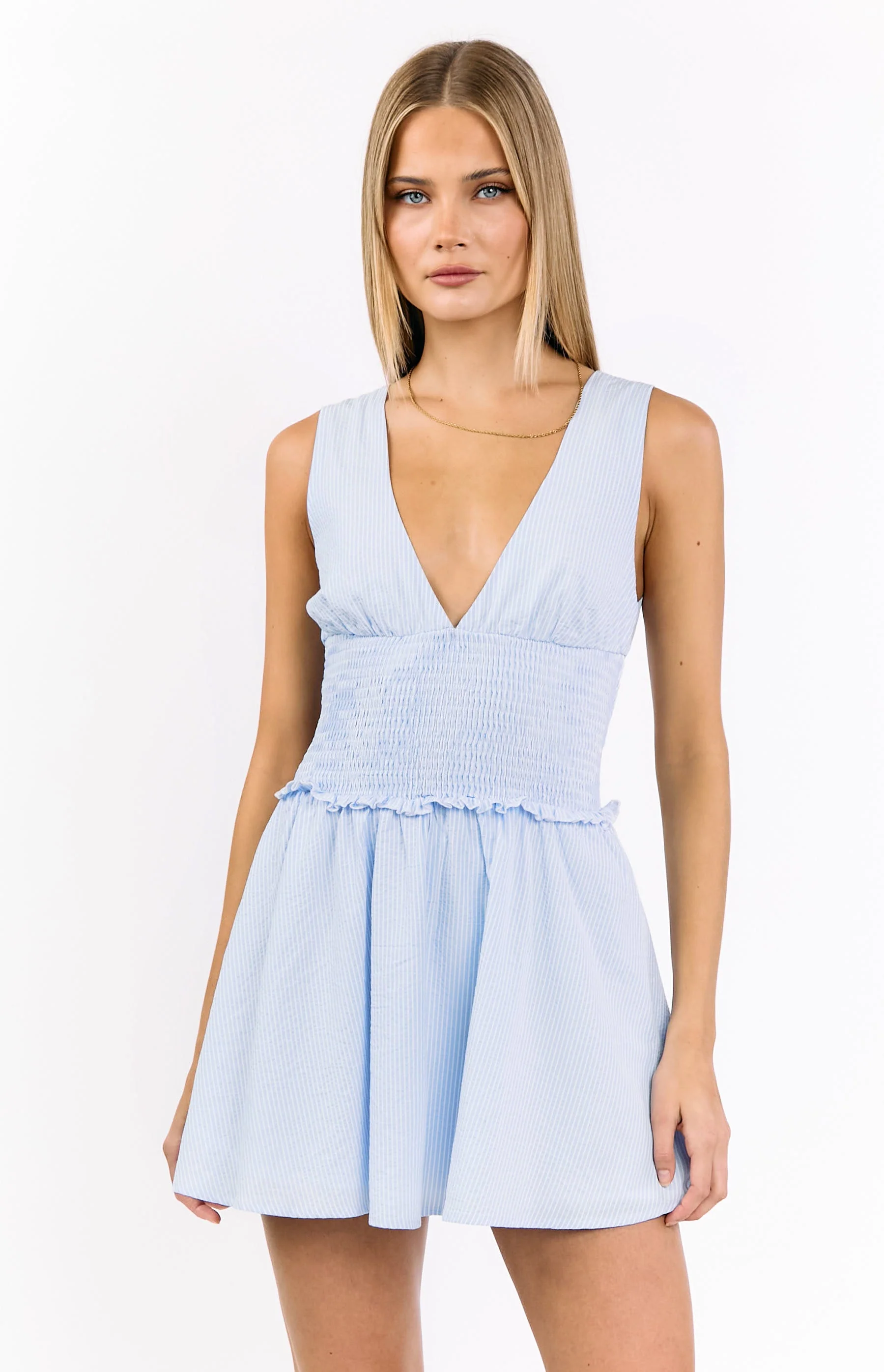 Juna Light Blue Stripe Shirred Mini Dress