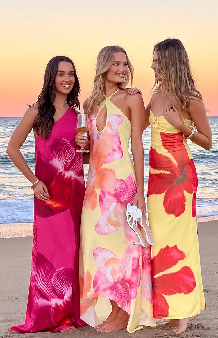 Elowen Yellow Hibiscus Floral Halter Maxi Dress