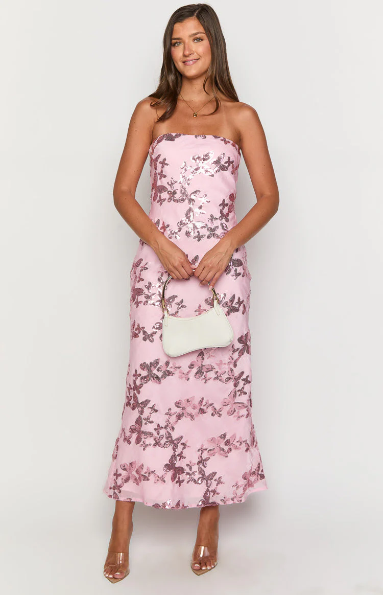 Tari Pink Butterfly Sequin Maxi Dress