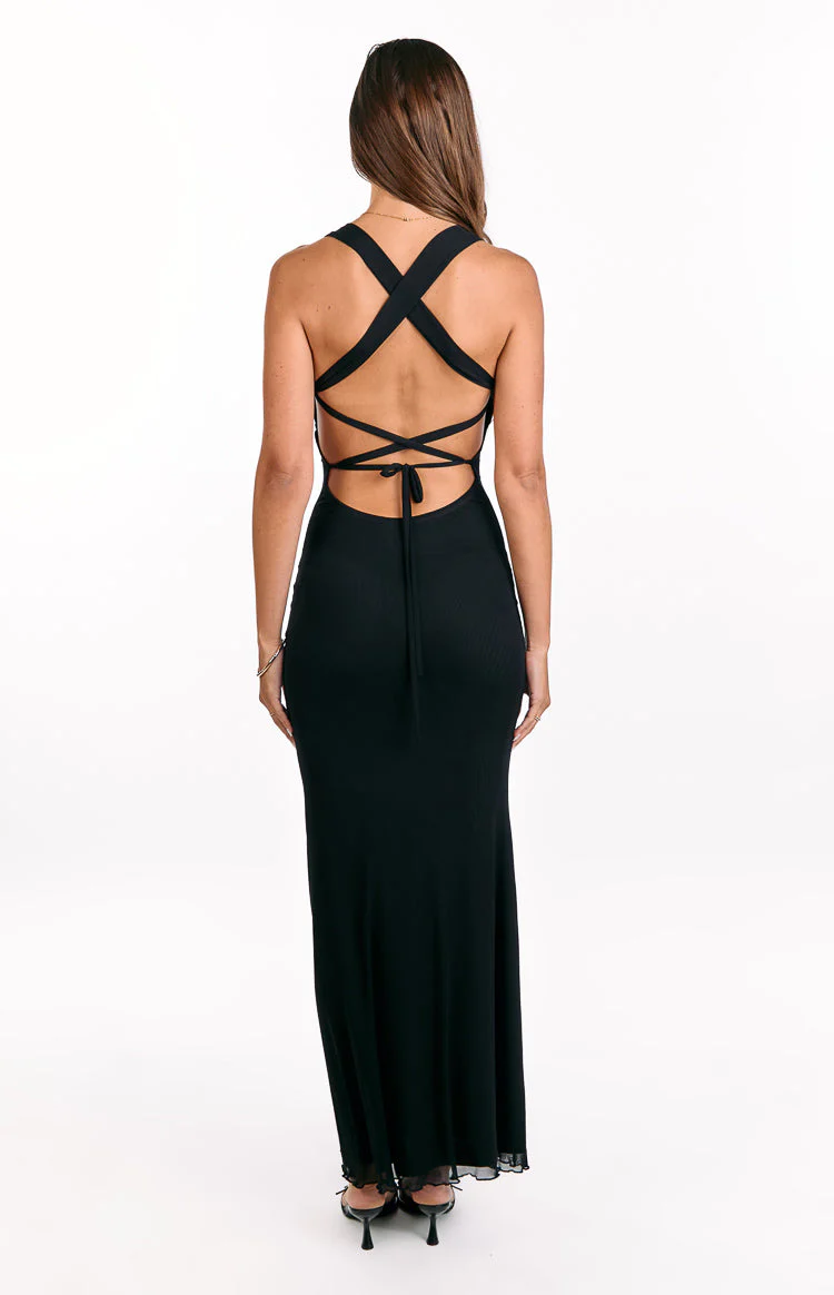 Amberley Black Mesh Formal Maxi Dress