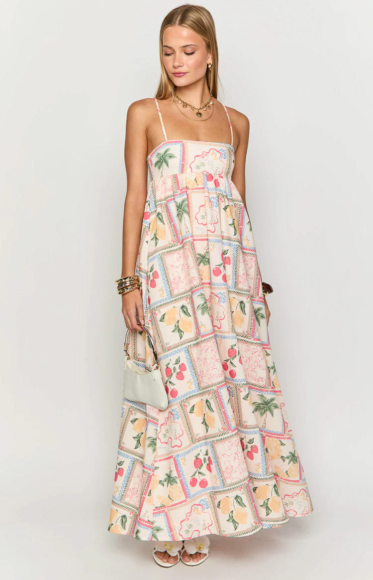 Akari White Tomato Girl Print Maxi Dress