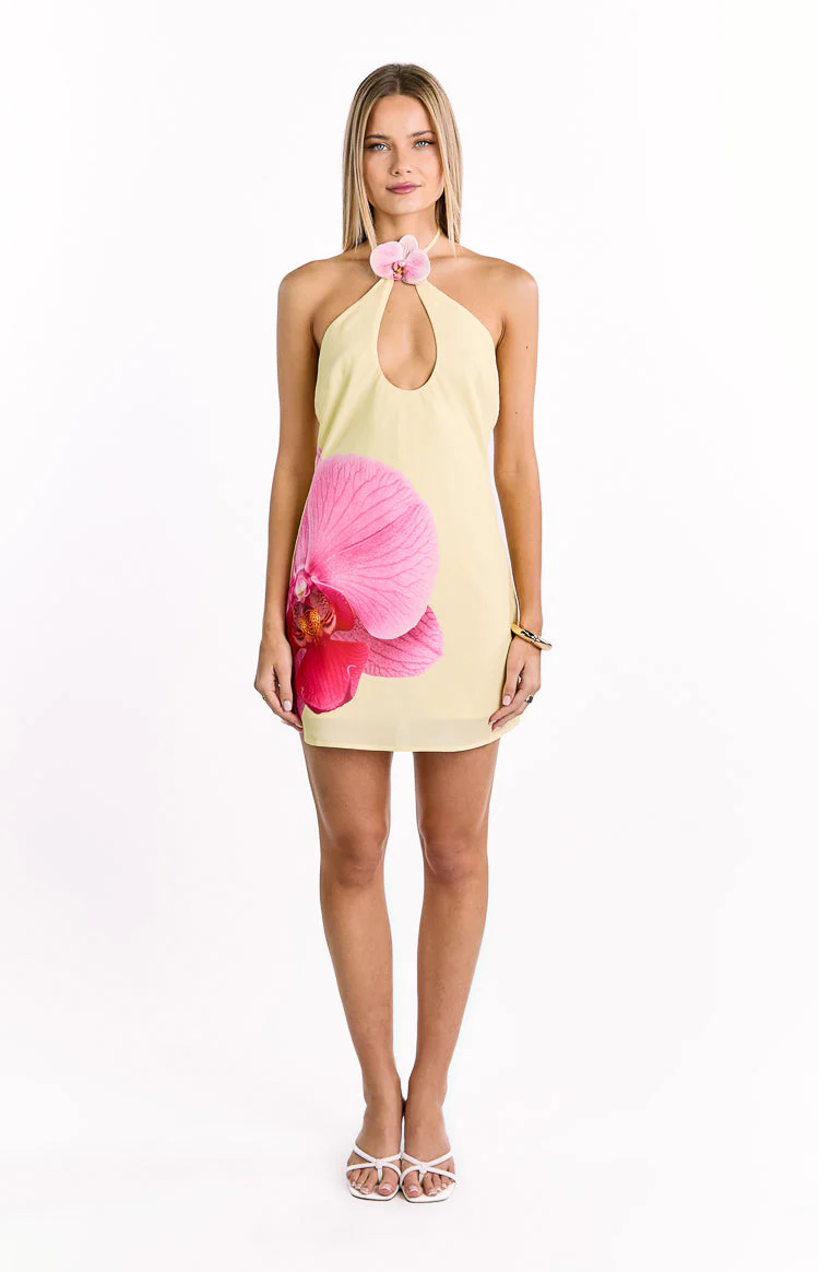 Delilah Yellow Orchid Print Halter Mini Dress
