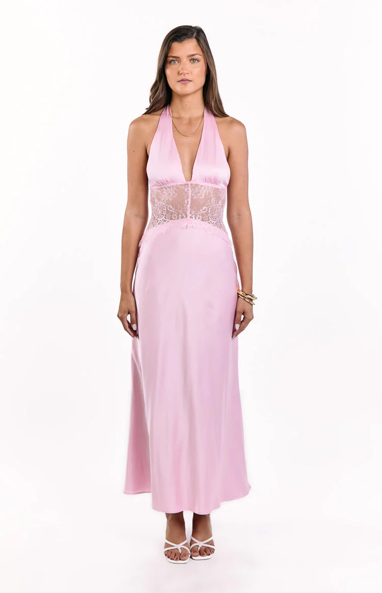 Divandi Pink Lace Halter Neck Formal Maxi Dress