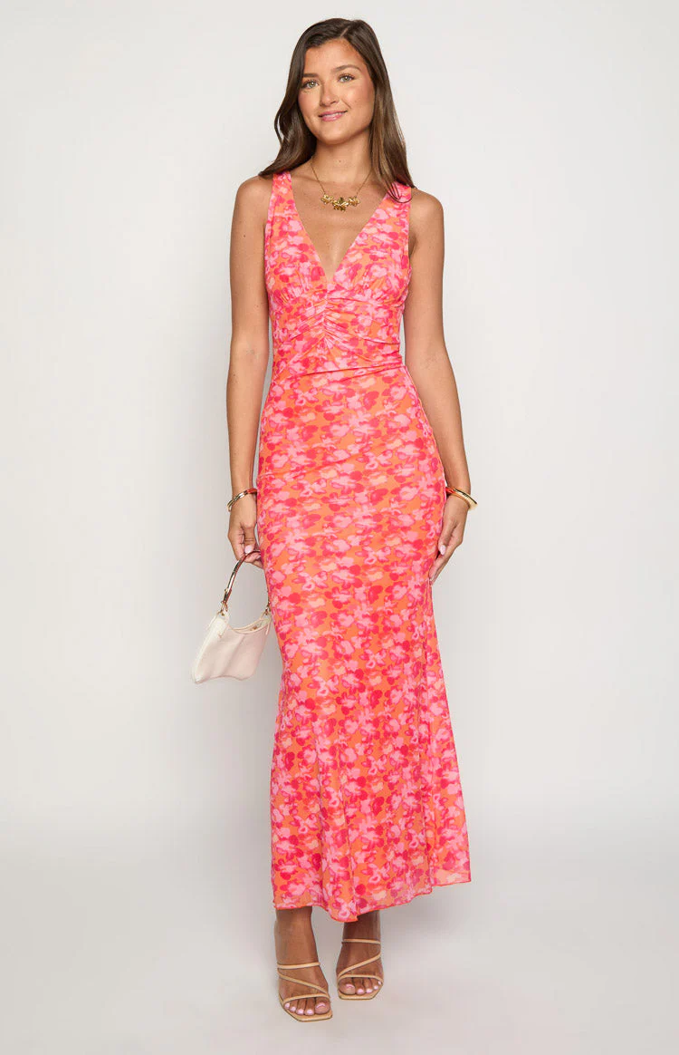Beck Orange Floral Print Maxi Dress