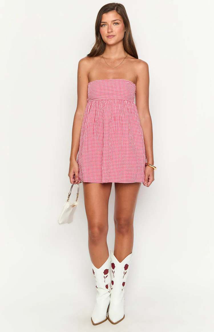 Berrie Red Gingham Strapless Mini Dress