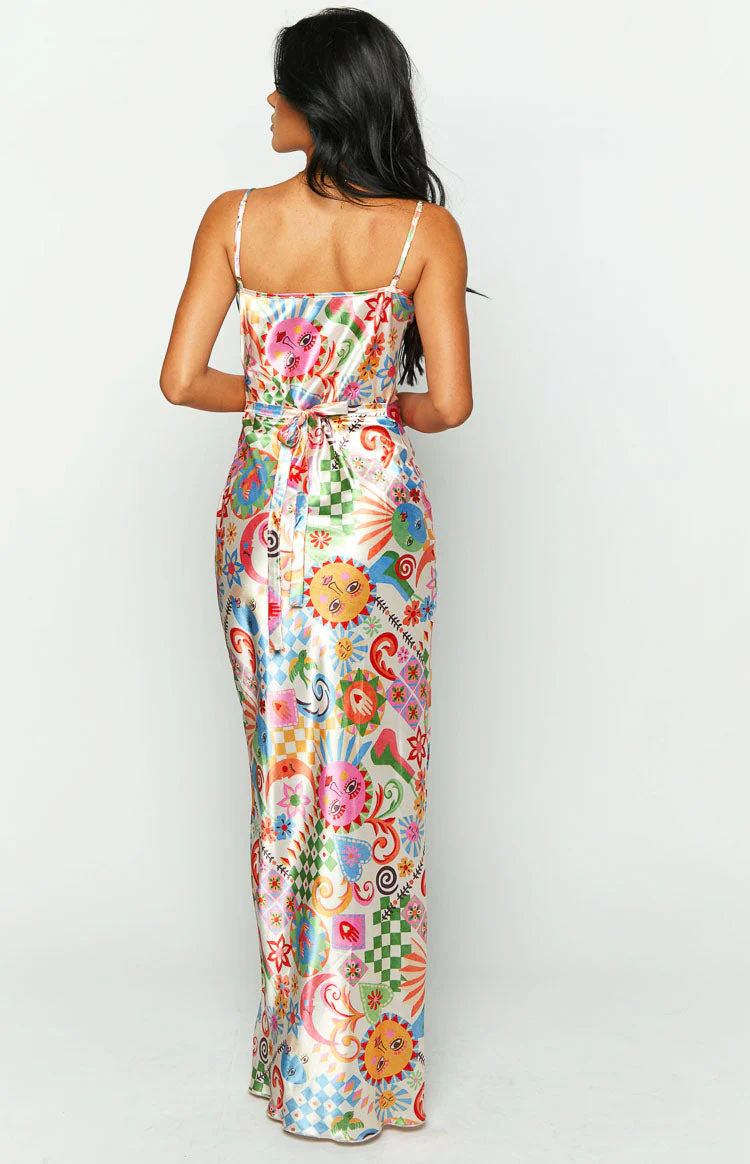 Renesmee Satin Summer Print Maxi Dress