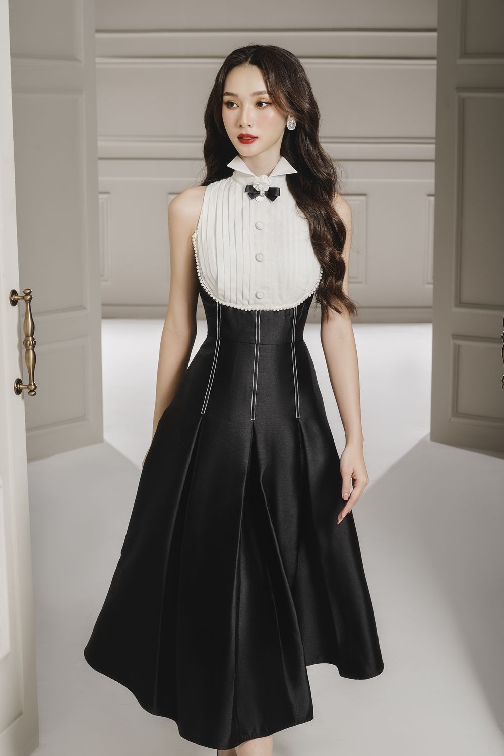 Myra Fit and Flare Corset Waist Taffeta Midi Dress