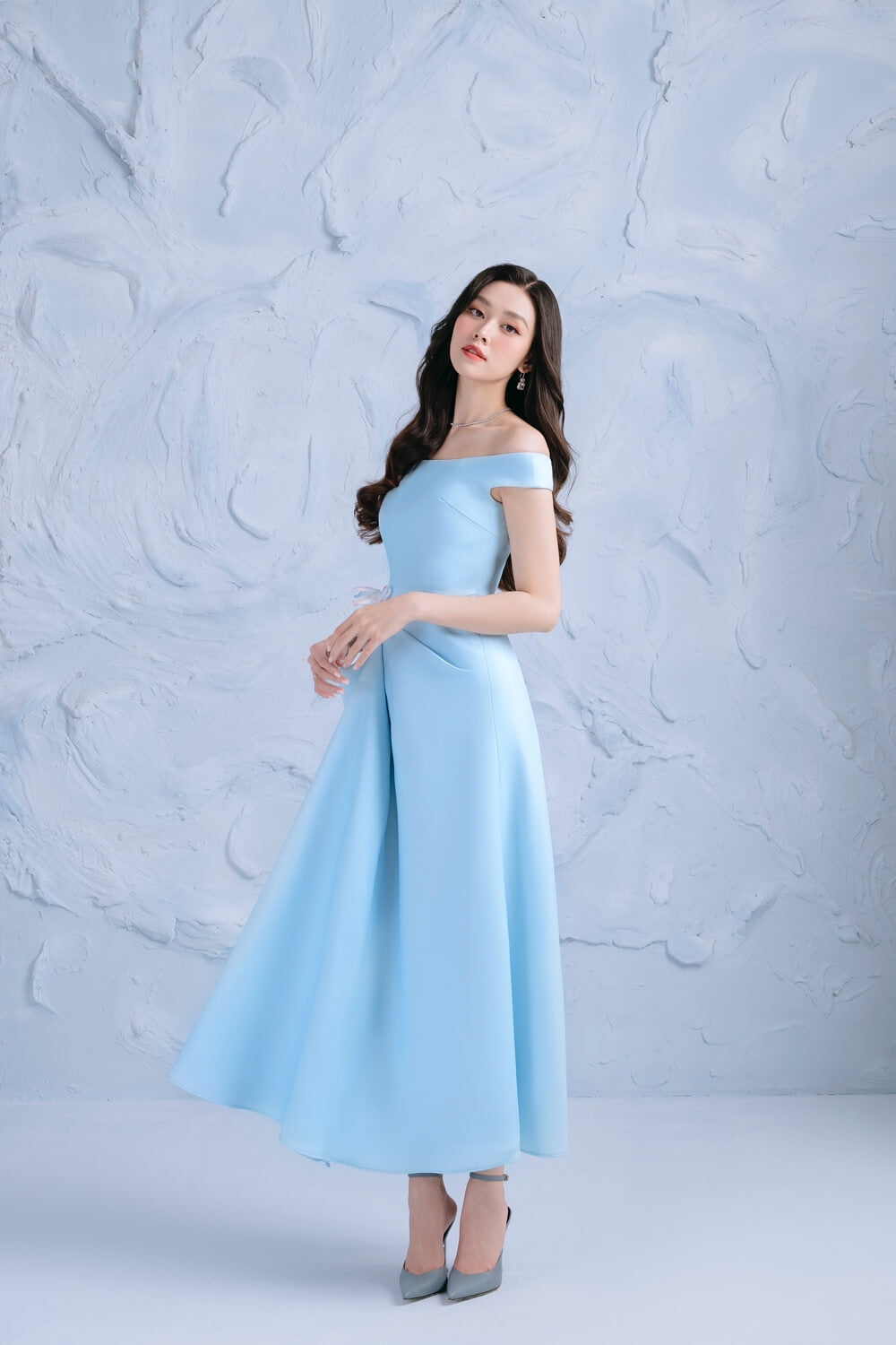 Wetty Fit and Flare Off-Shoulder Cotton Midi Dress