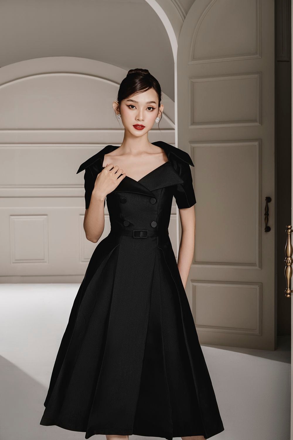 Sky Fit and Flare Queen Anne Neck Taffeta Midi Dress